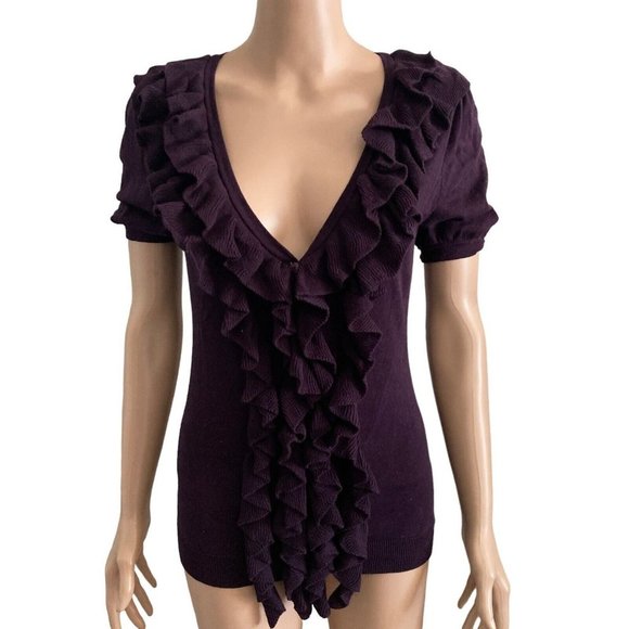 Sweater Women's Medium Purple Ruffled Buttoned Front Stretch - Picture 1 of 8